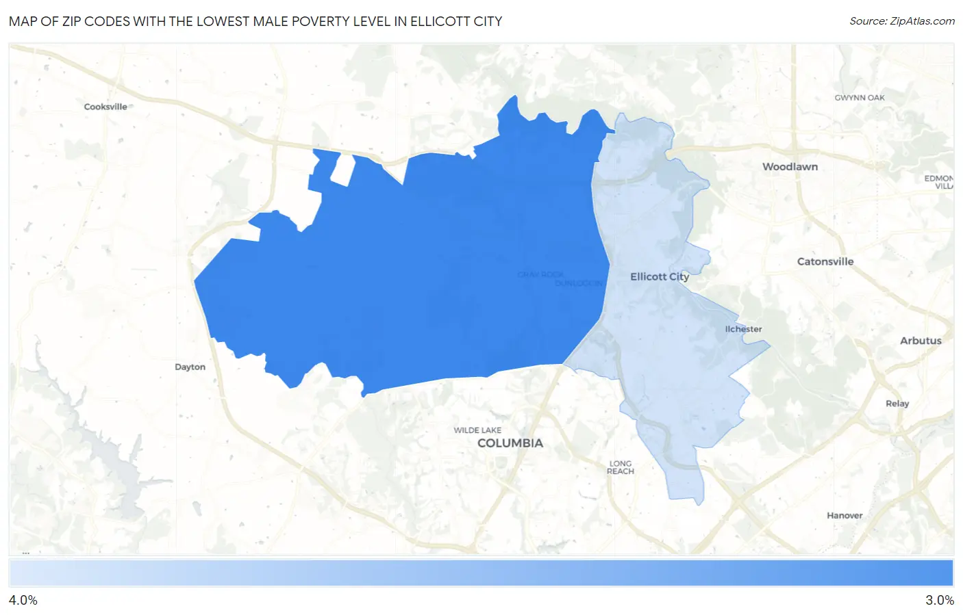 Zip Codes with the Lowest Male Poverty Level in Ellicott City Map