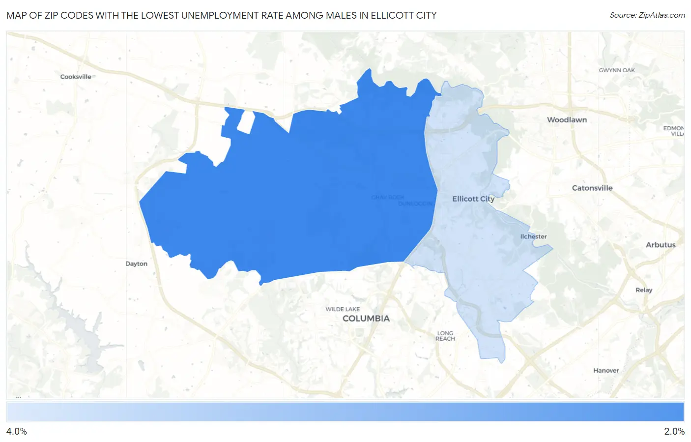 Zip Codes with the Lowest Unemployment Rate Among Males in Ellicott City Map