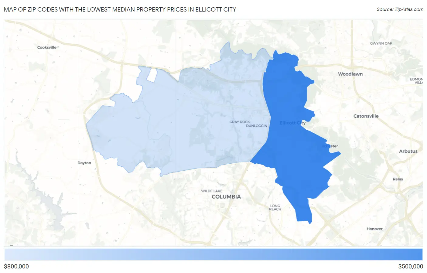 Zip Codes with the Lowest Median Property Prices in Ellicott City Map