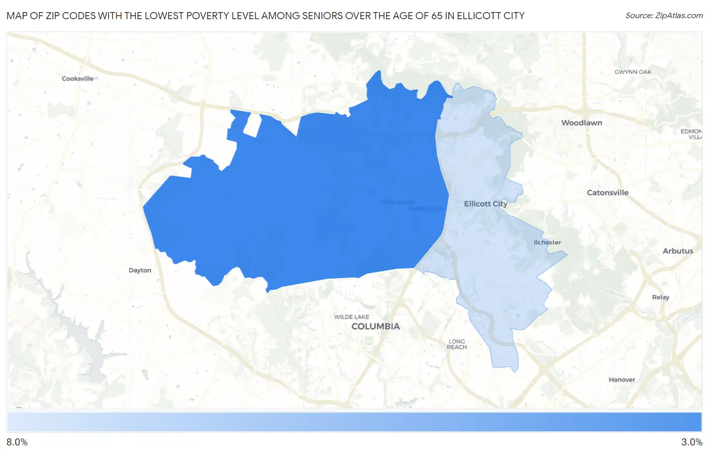 Zip Codes with the Lowest Poverty Level Among Seniors Over the Age of 65 in Ellicott City Map