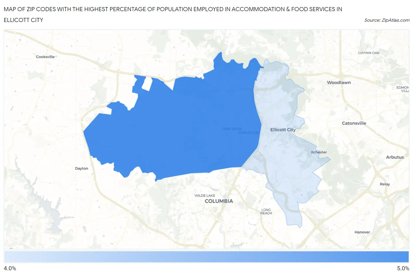Zip Codes with the Highest Percentage of Population Employed in Accommodation & Food Services in Ellicott City Map