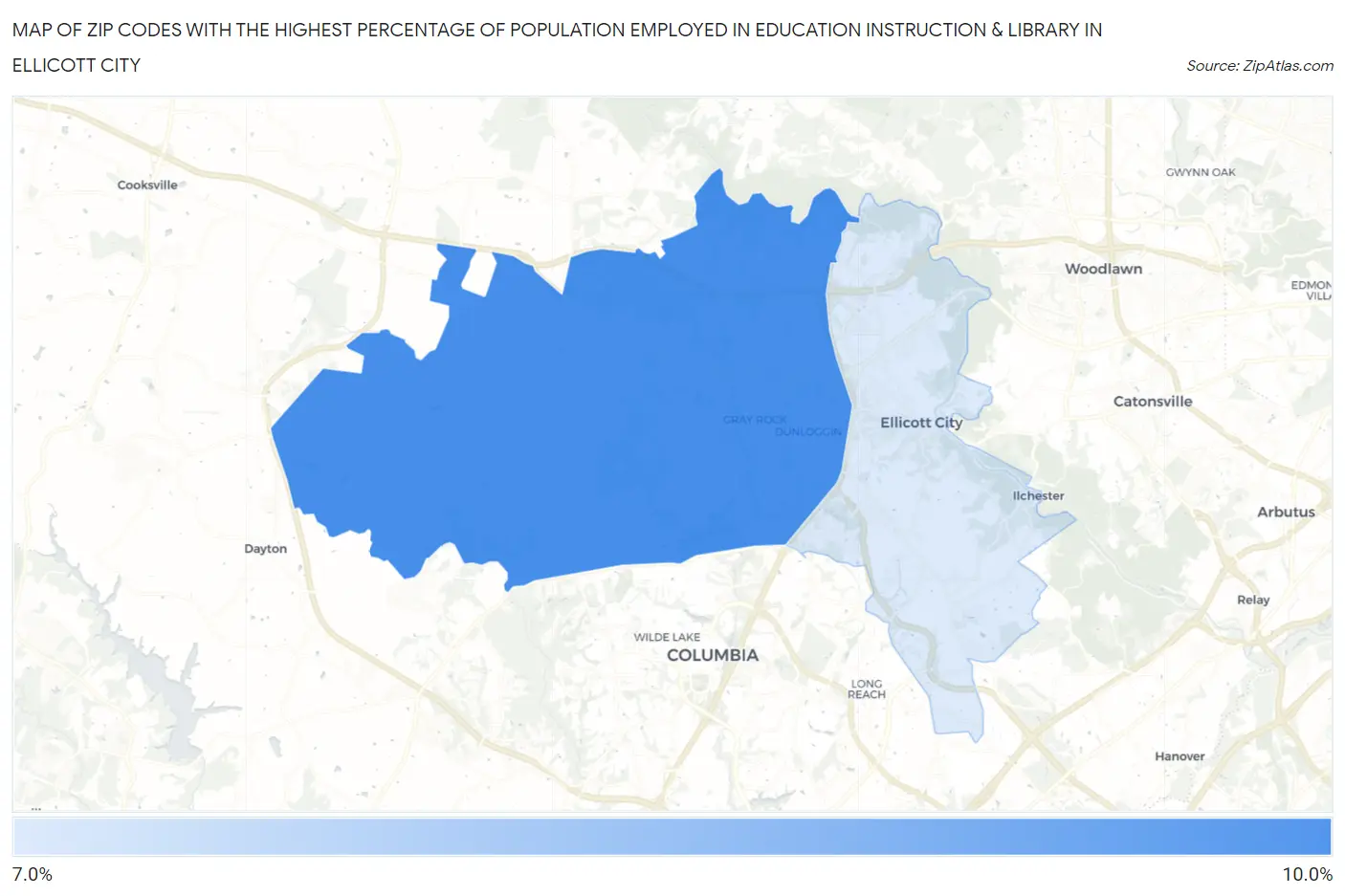 Zip Codes with the Highest Percentage of Population Employed in Education Instruction & Library in Ellicott City Map