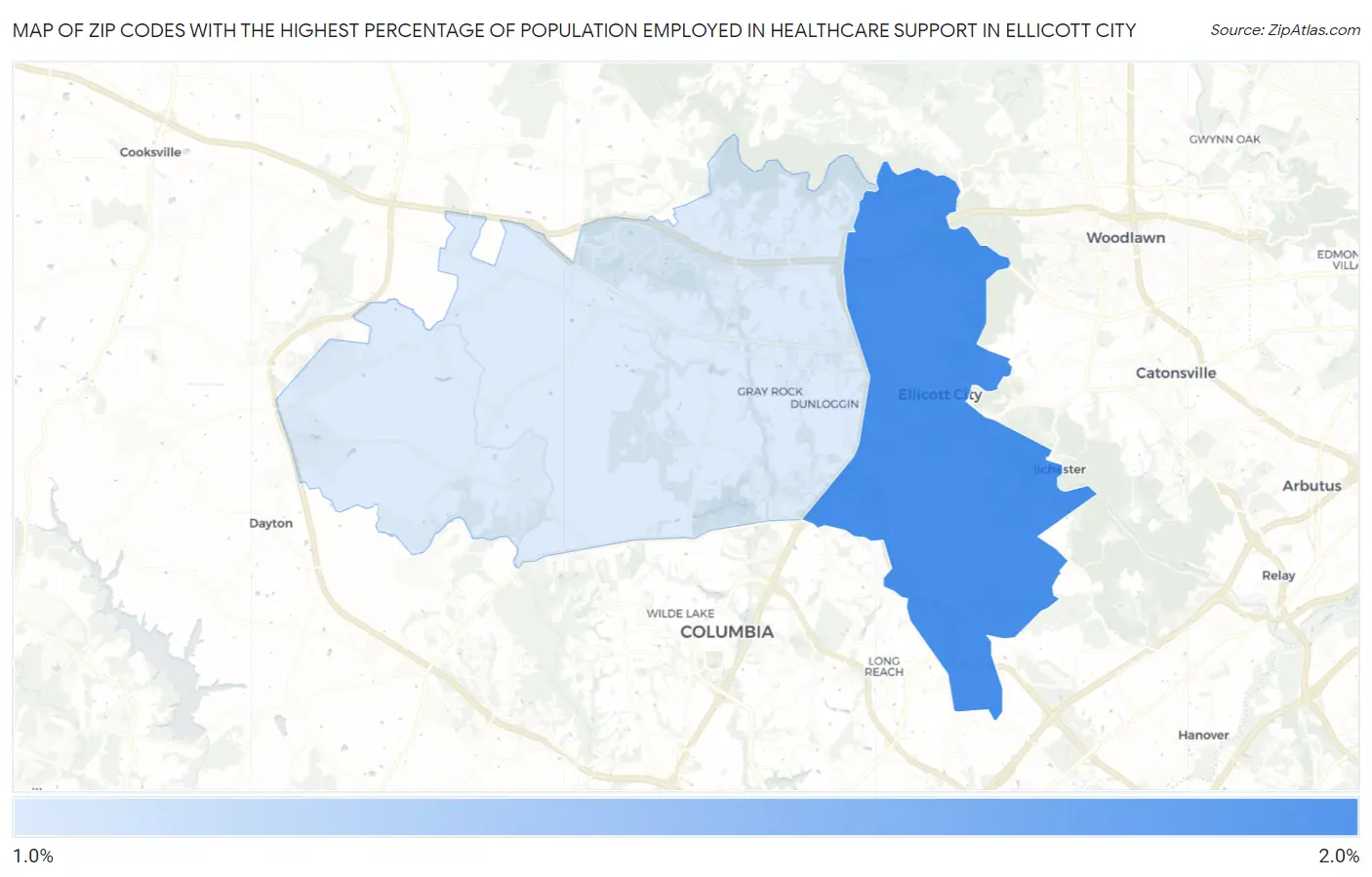 Zip Codes with the Highest Percentage of Population Employed in Healthcare Support in Ellicott City Map