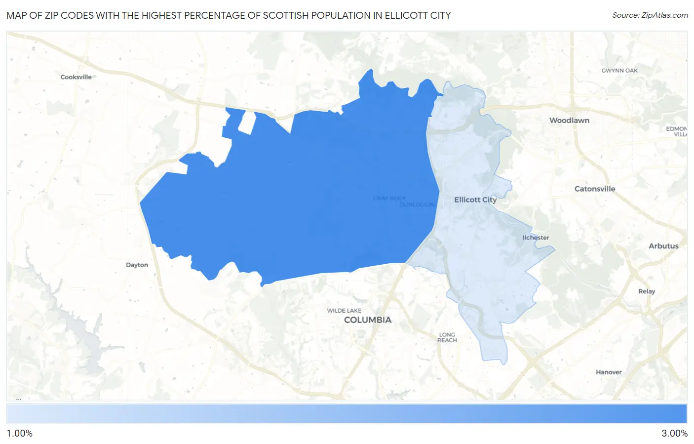 Zip Codes with the Highest Percentage of Scottish Population in Ellicott City Map