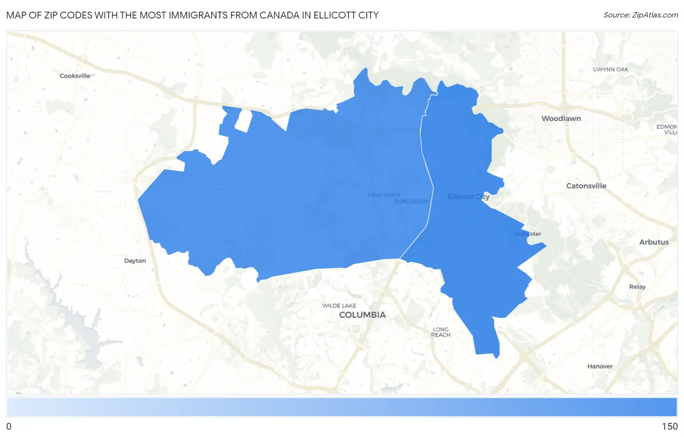 Zip Codes with the Most Immigrants from Canada in Ellicott City Map