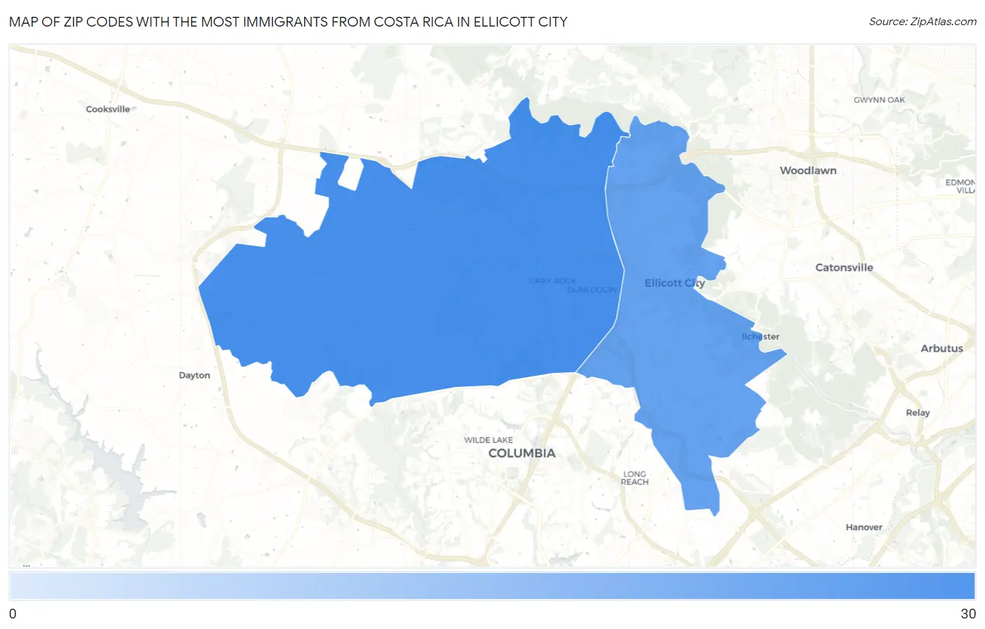Zip Codes with the Most Immigrants from Costa Rica in Ellicott City Map