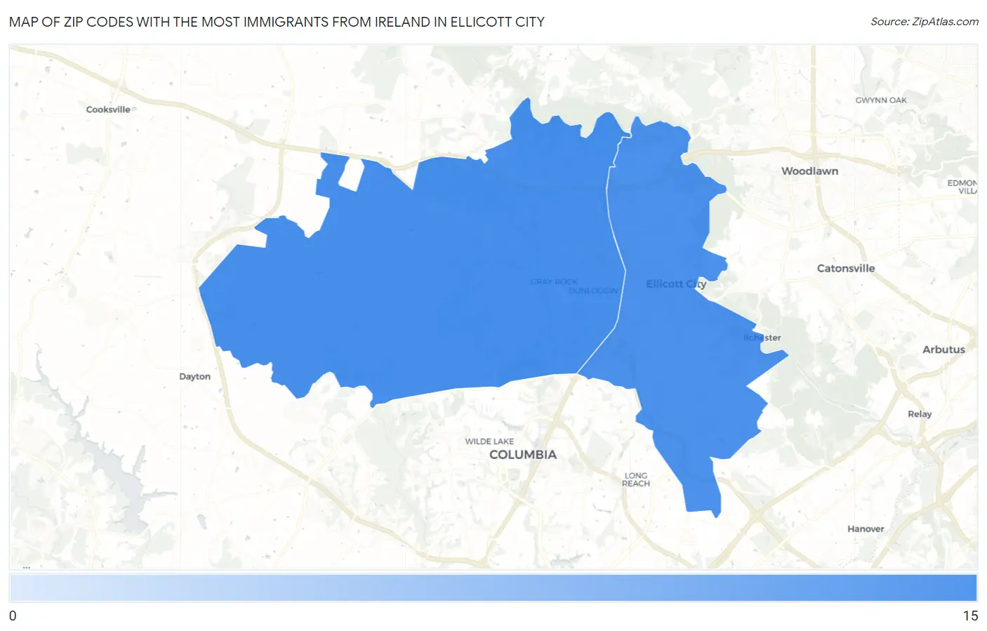 Zip Codes with the Most Immigrants from Ireland in Ellicott City Map