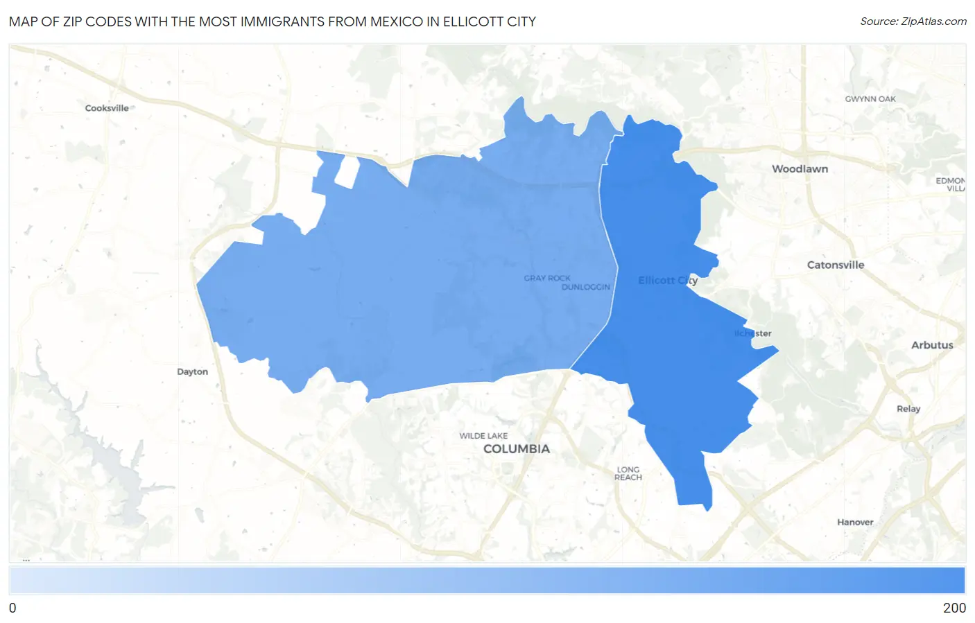 Zip Codes with the Most Immigrants from Mexico in Ellicott City Map