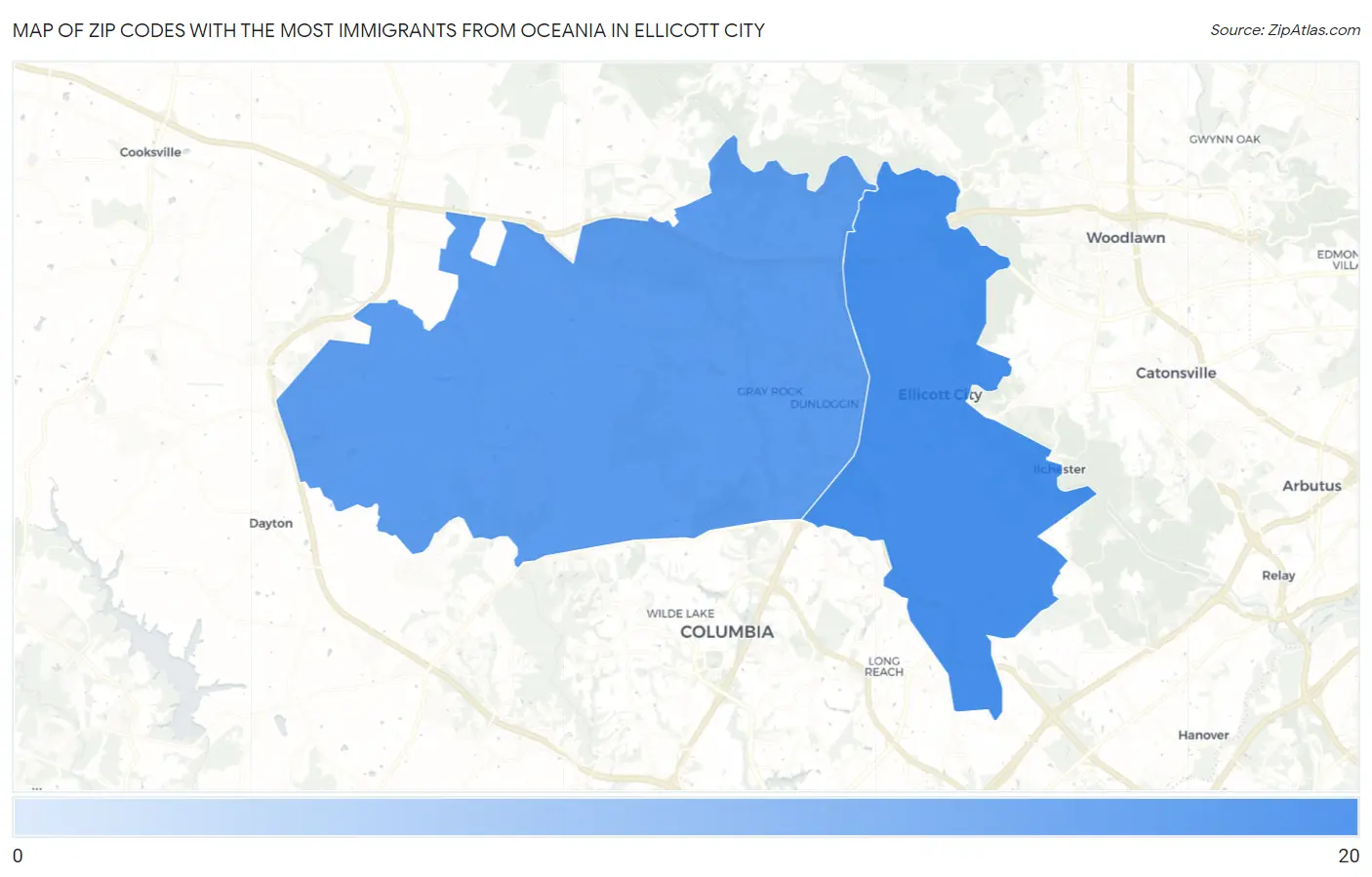 Zip Codes with the Most Immigrants from Oceania in Ellicott City Map