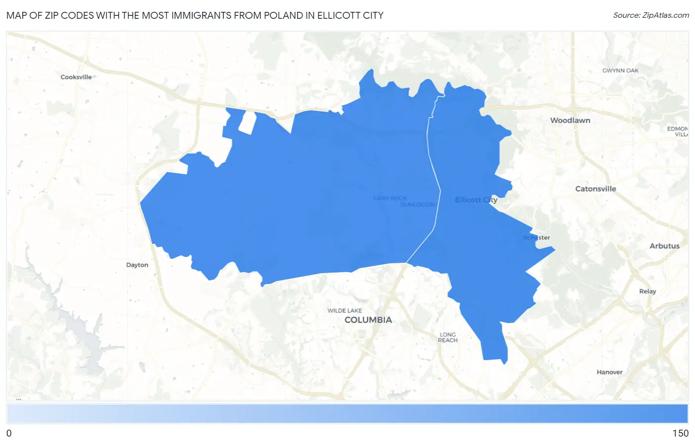 Zip Codes with the Most Immigrants from Poland in Ellicott City Map