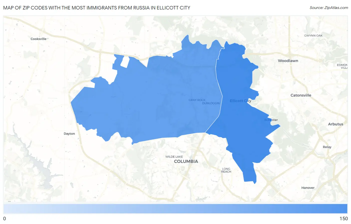 Zip Codes with the Most Immigrants from Russia in Ellicott City Map