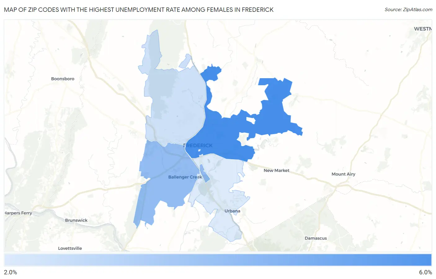 Zip Codes with the Highest Unemployment Rate Among Females in Frederick Map