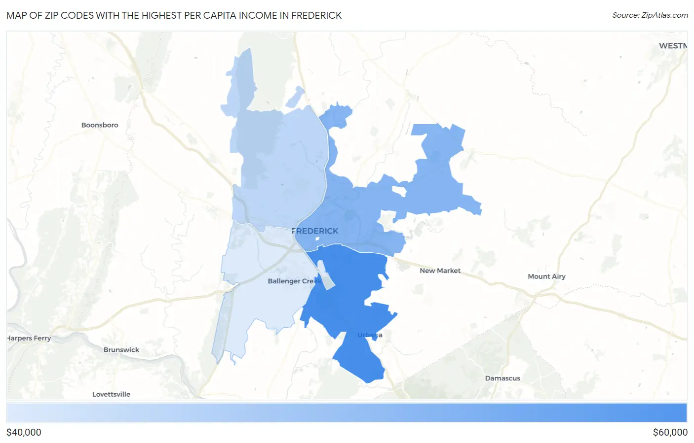 Zip Codes with the Highest Per Capita Income in Frederick Map