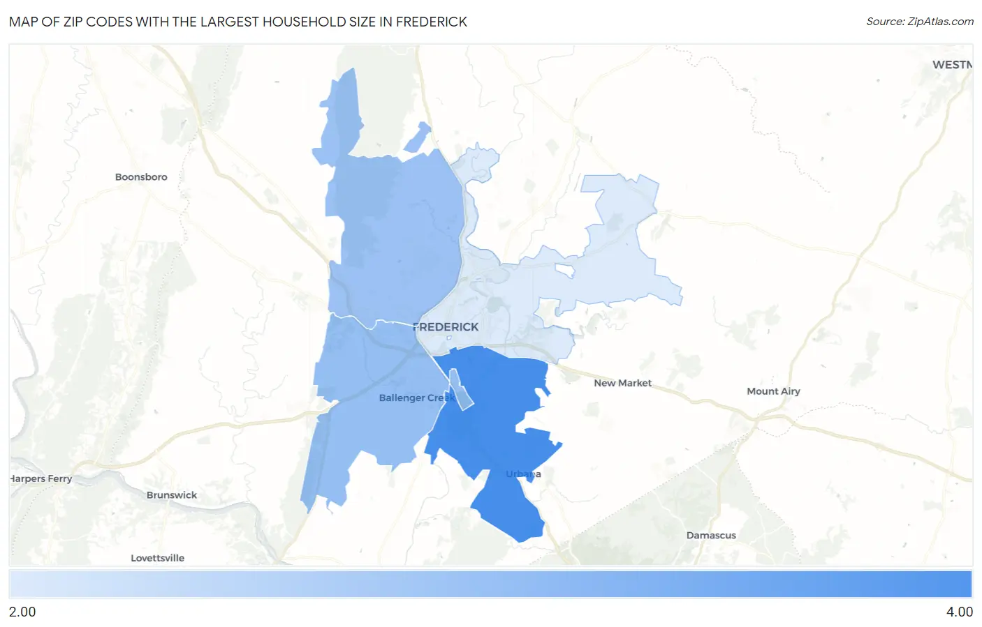 Zip Codes with the Largest Household Size in Frederick Map
