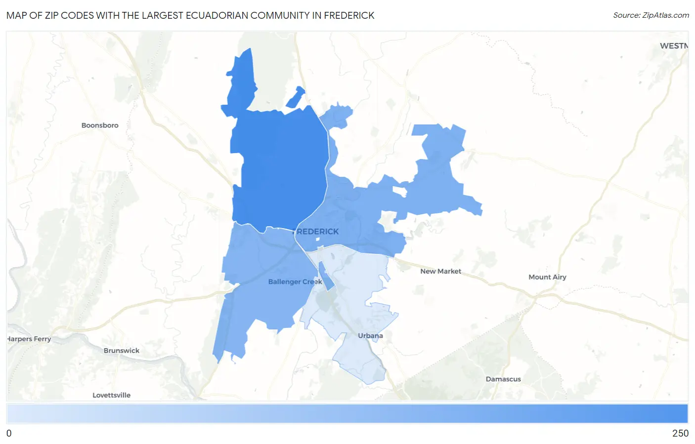 Zip Codes with the Largest Ecuadorian Community in Frederick Map
