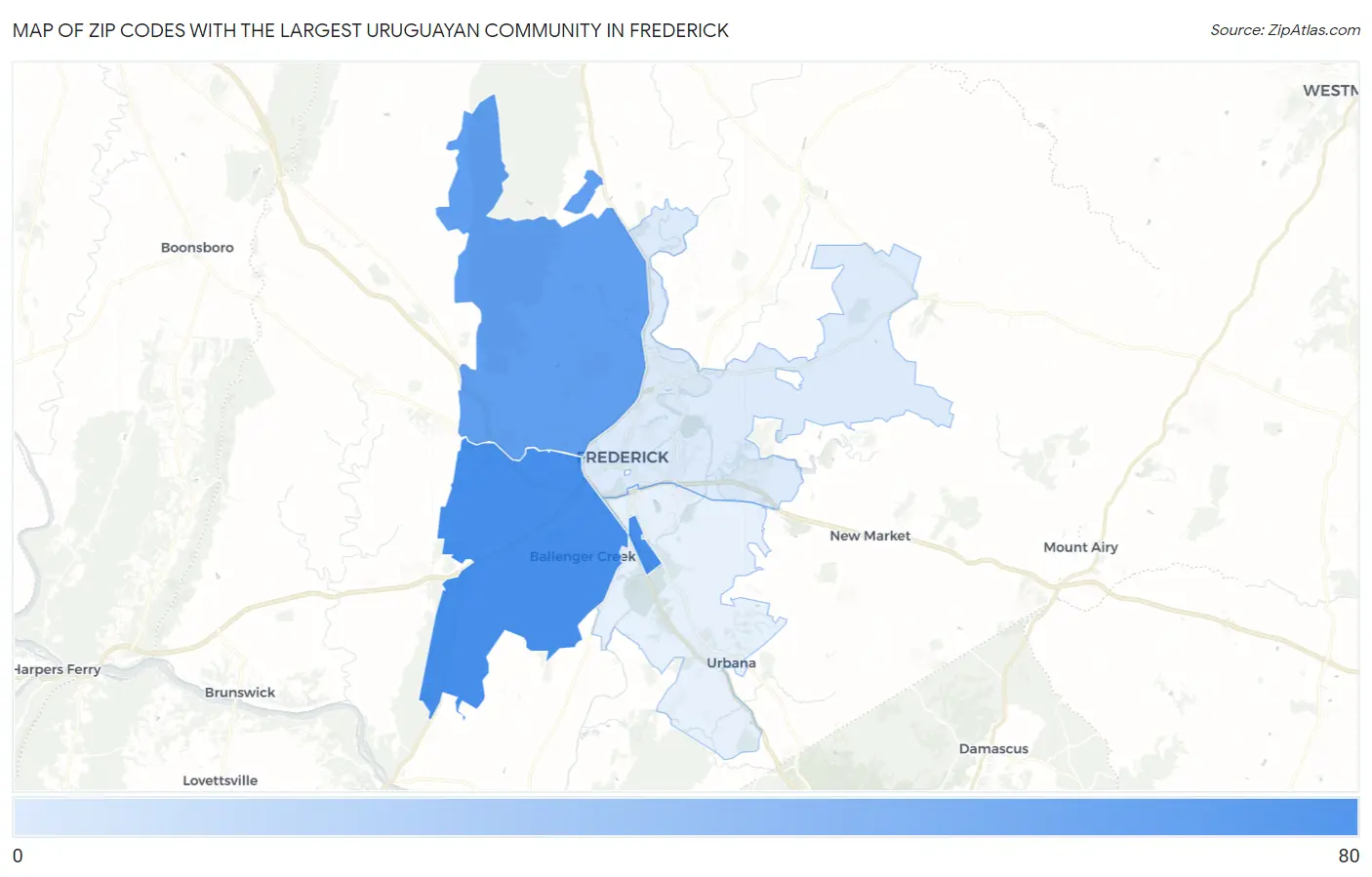 Zip Codes with the Largest Uruguayan Community in Frederick Map