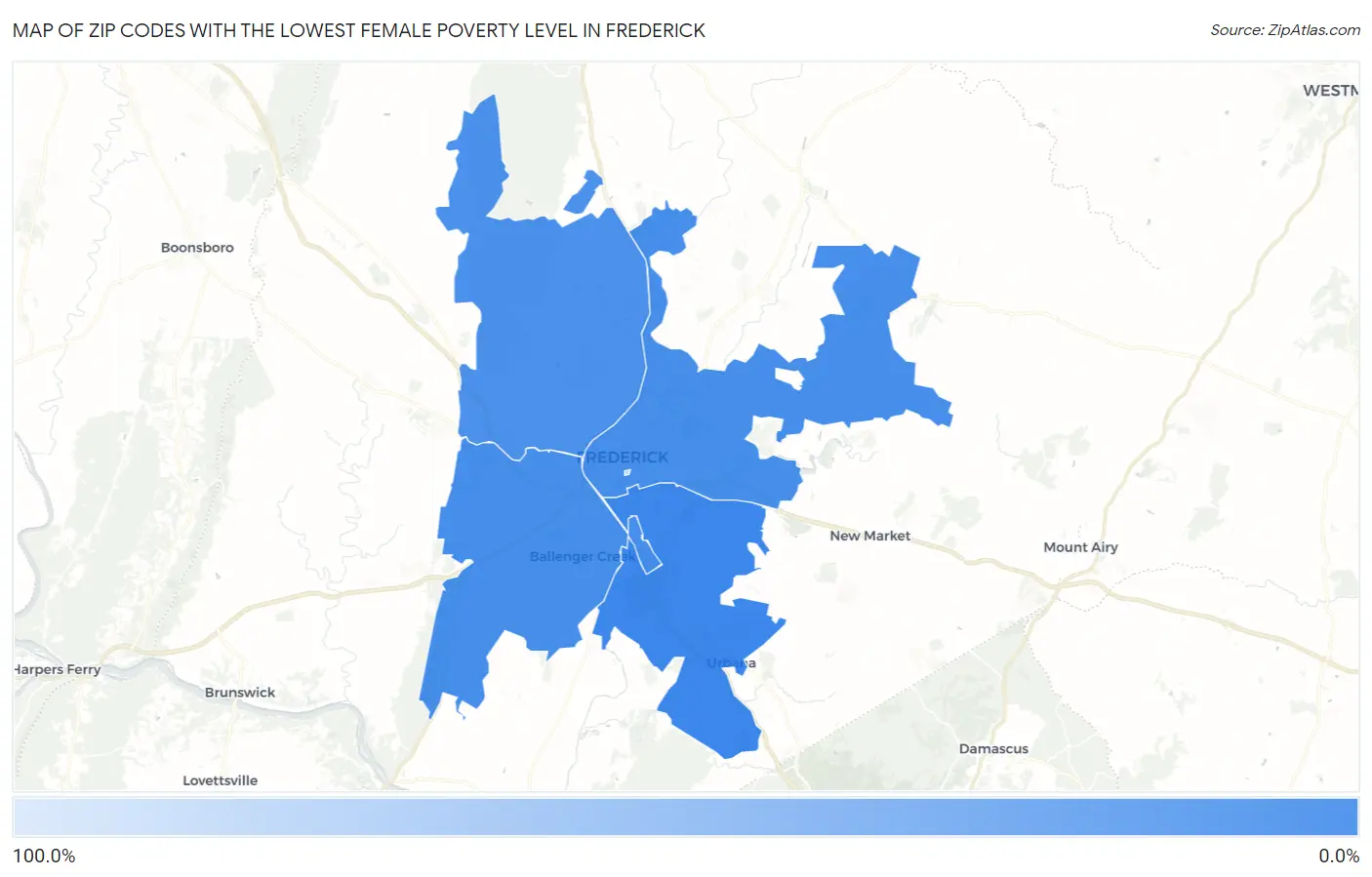 Zip Codes with the Lowest Female Poverty Level in Frederick Map