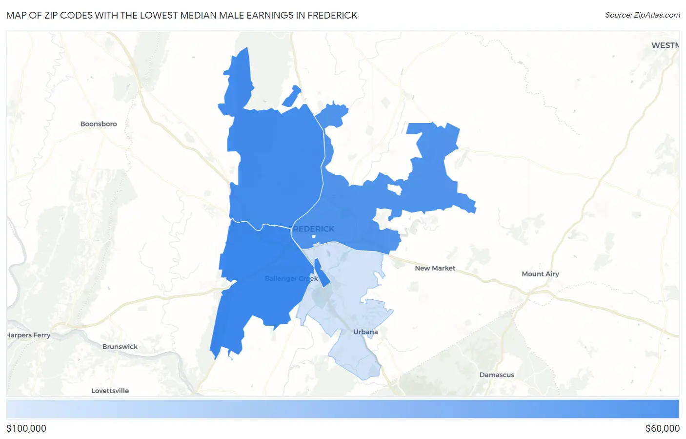 Zip Codes with the Lowest Median Male Earnings in Frederick Map