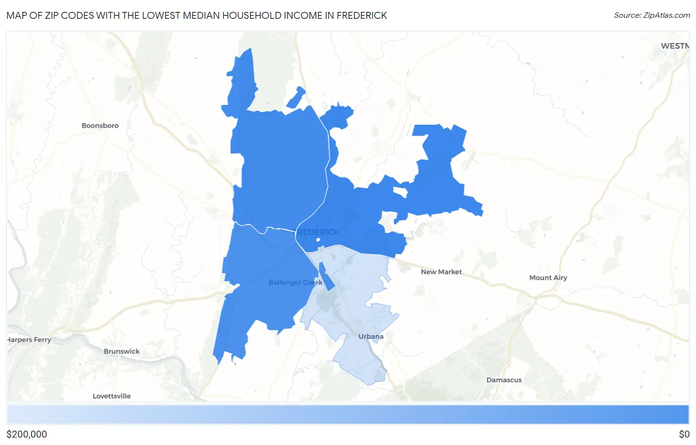 Zip Codes with the Lowest Median Household Income in Frederick Map