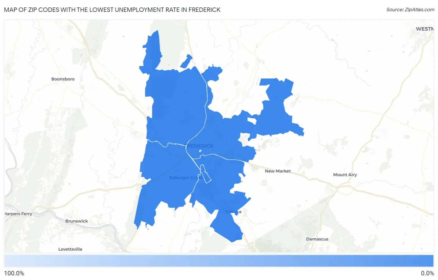 Zip Codes with the Lowest Unemployment Rate in Frederick Map