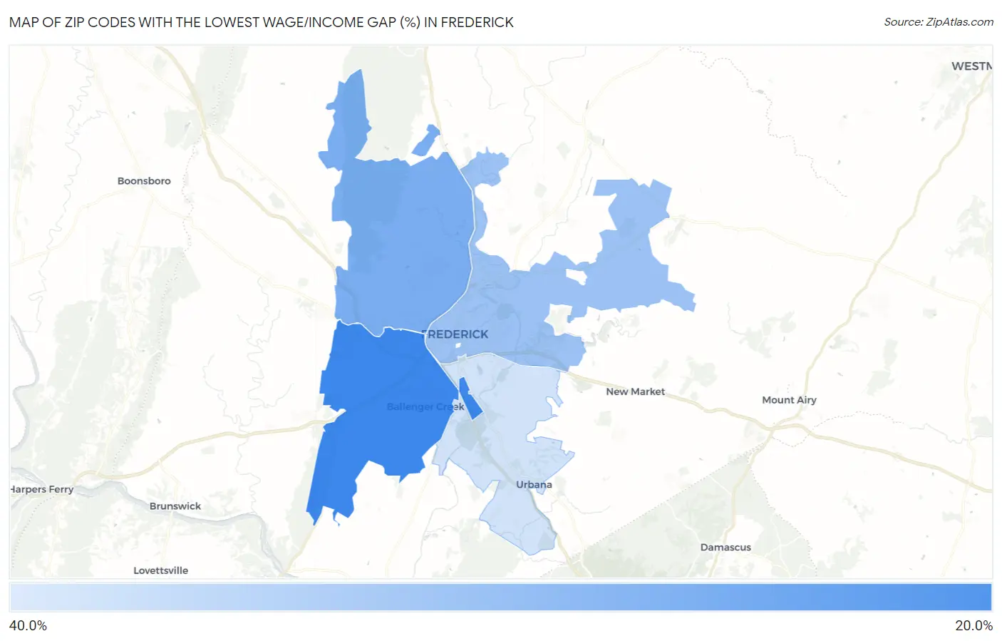 Zip Codes with the Lowest Wage/Income Gap (%) in Frederick Map