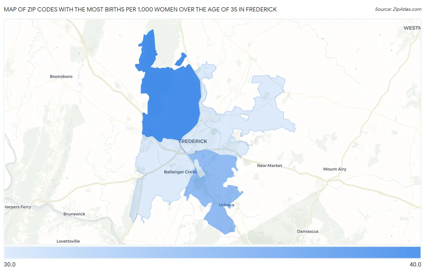 Zip Codes with the Most Births per 1,000 Women Over the Age of 35 in Frederick Map