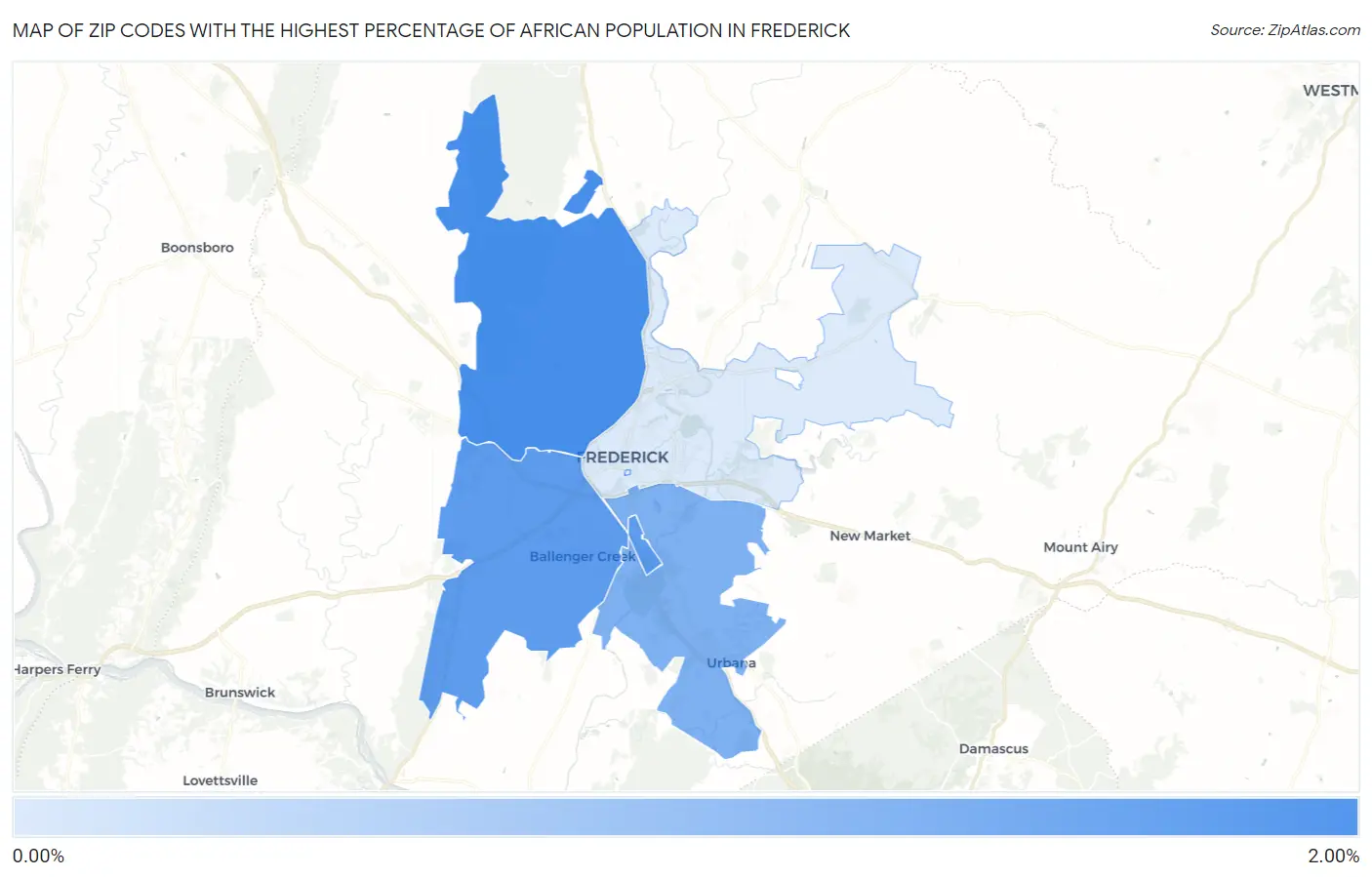 Zip Codes with the Highest Percentage of African Population in Frederick Map