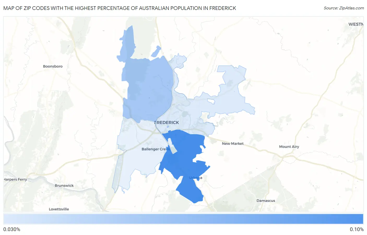 Zip Codes with the Highest Percentage of Australian Population in Frederick Map