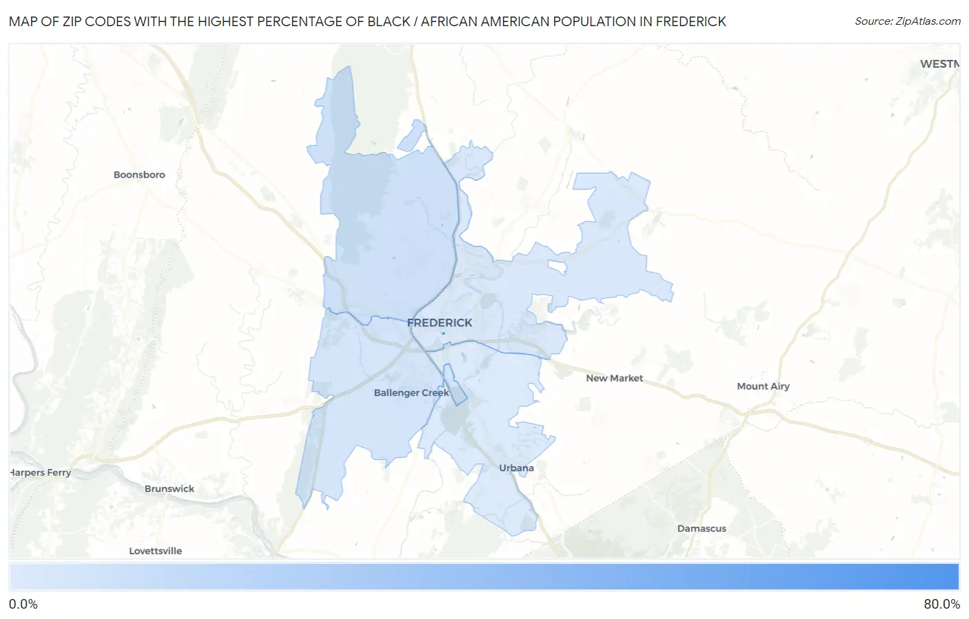 Zip Codes with the Highest Percentage of Black / African American Population in Frederick Map