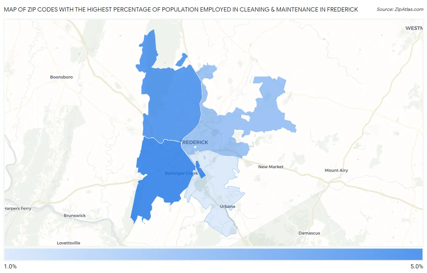 Zip Codes with the Highest Percentage of Population Employed in Cleaning & Maintenance in Frederick Map