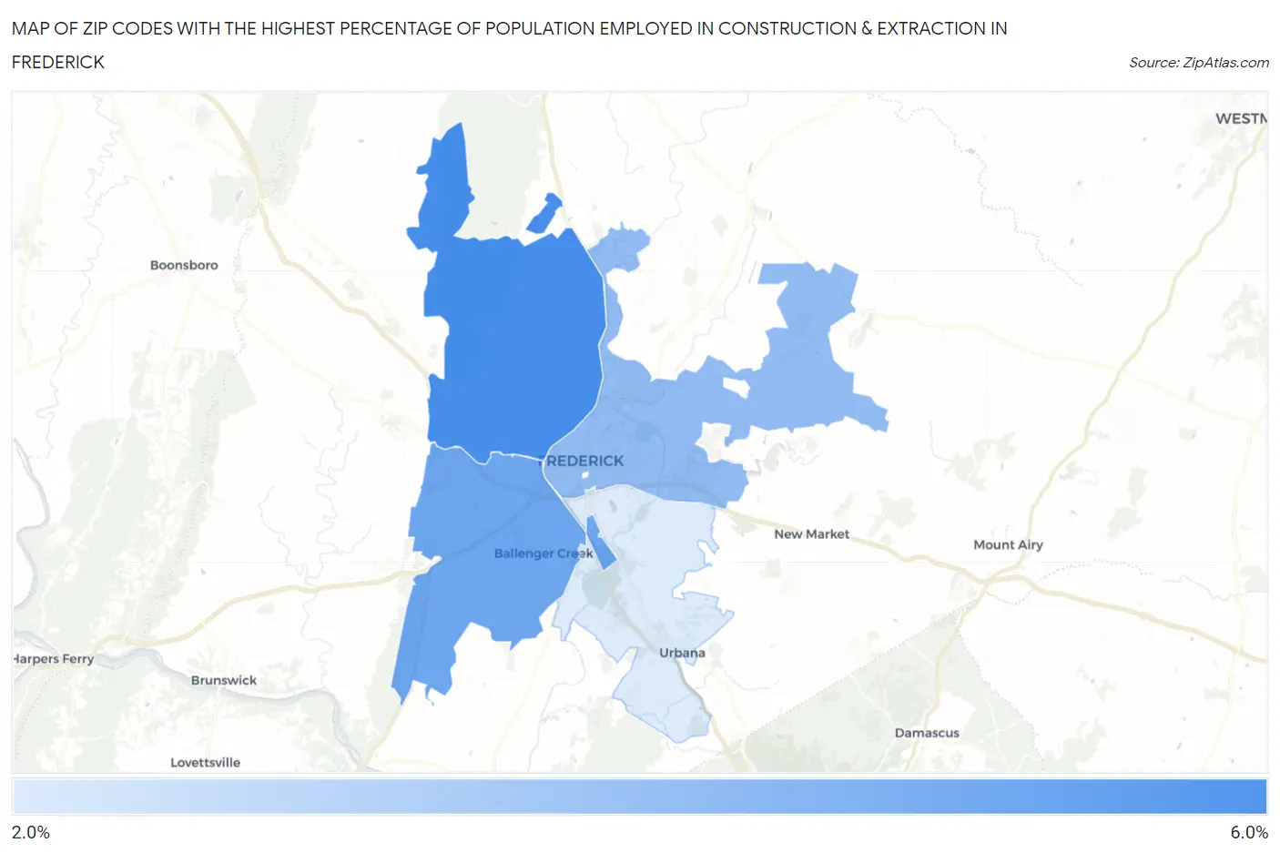 Zip Codes with the Highest Percentage of Population Employed in Construction & Extraction in Frederick Map