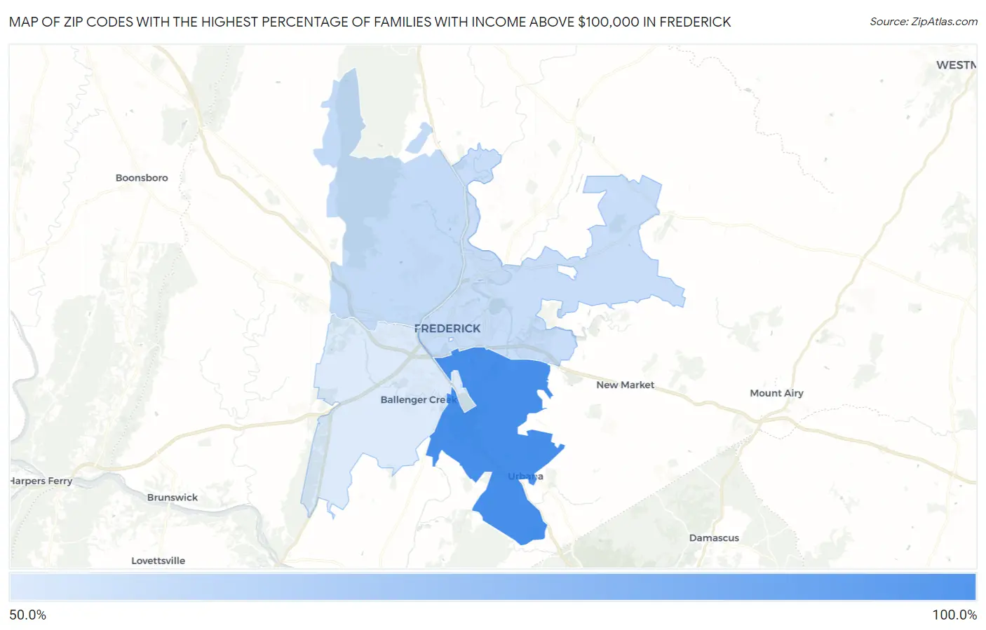 Zip Codes with the Highest Percentage of Families with Income Above $100,000 in Frederick Map