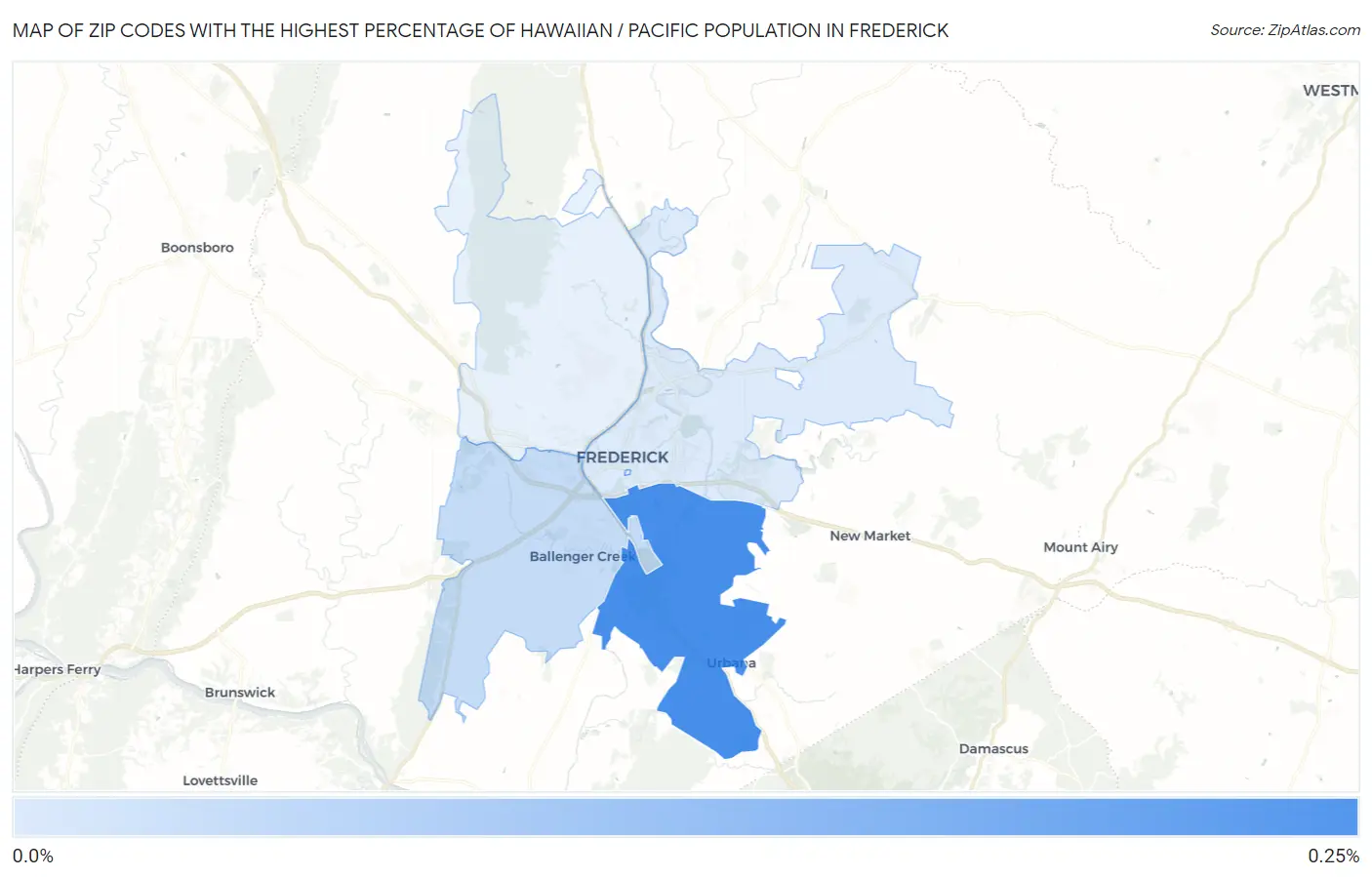 Zip Codes with the Highest Percentage of Hawaiian / Pacific Population in Frederick Map