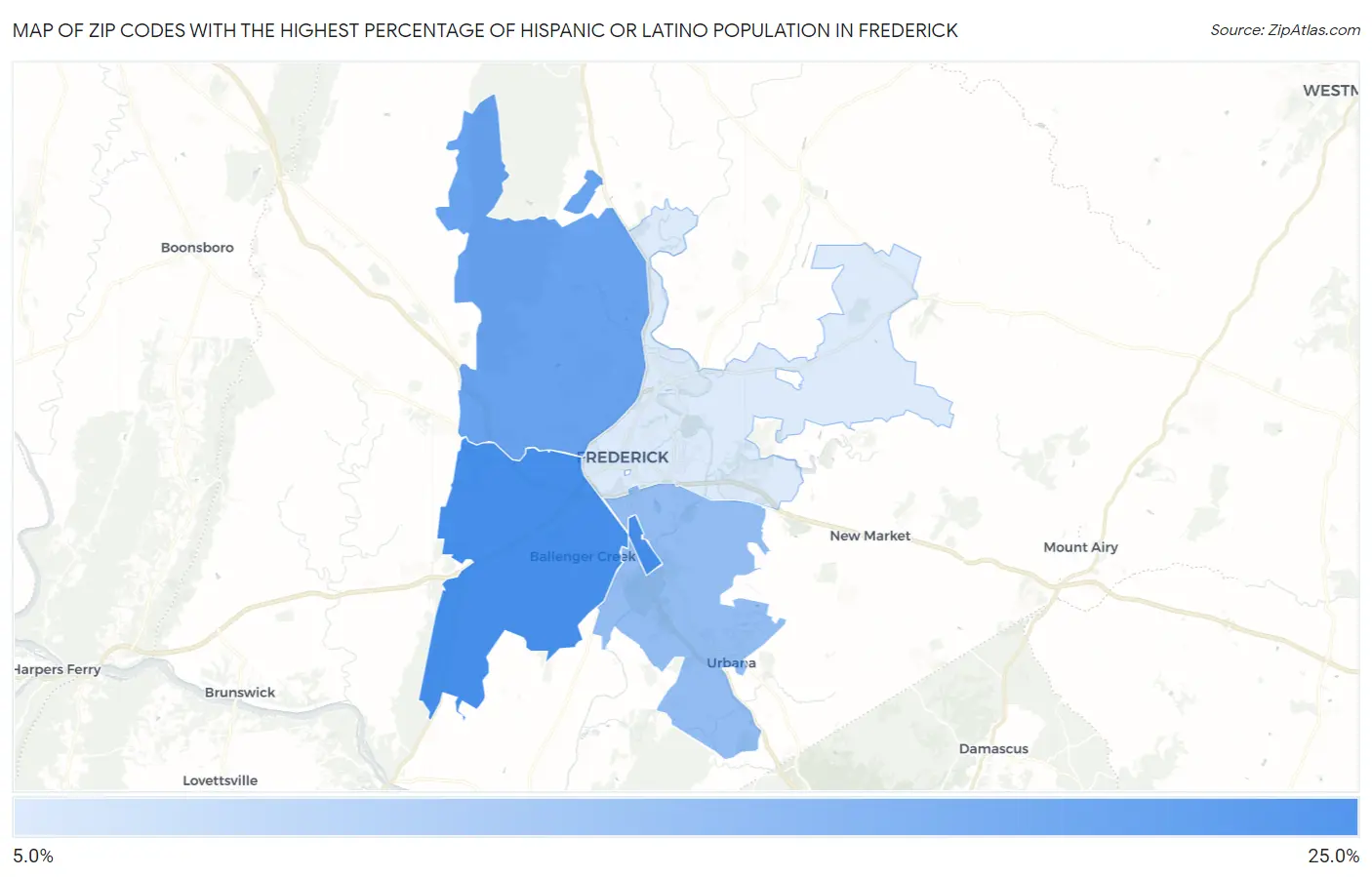 Zip Codes with the Highest Percentage of Hispanic or Latino Population in Frederick Map
