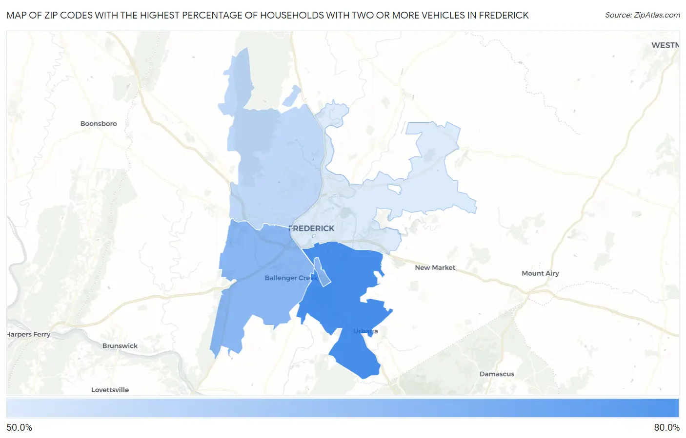 Zip Codes with the Highest Percentage of Households With Two or more Vehicles in Frederick Map