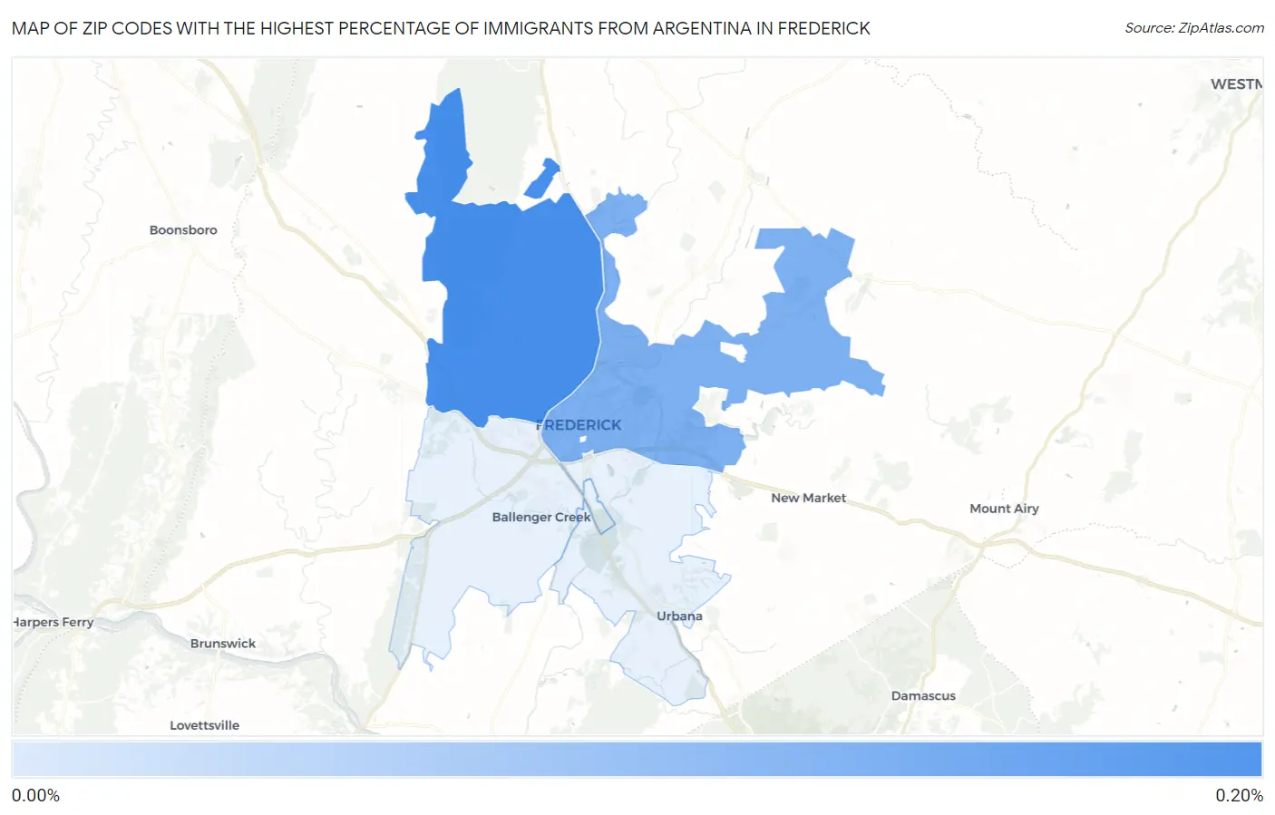 Zip Codes with the Highest Percentage of Immigrants from Argentina in Frederick Map