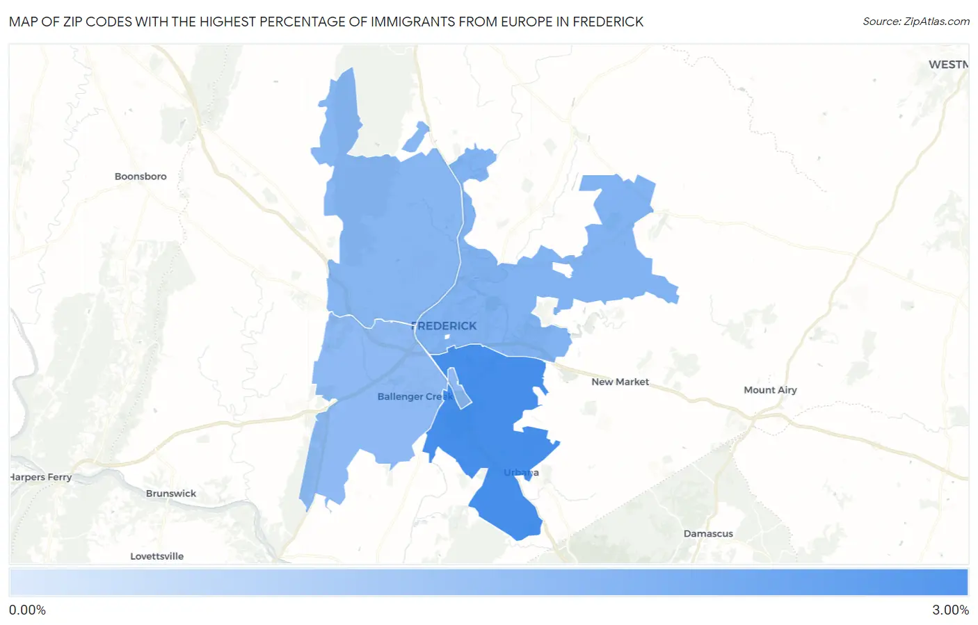 Zip Codes with the Highest Percentage of Immigrants from Europe in Frederick Map