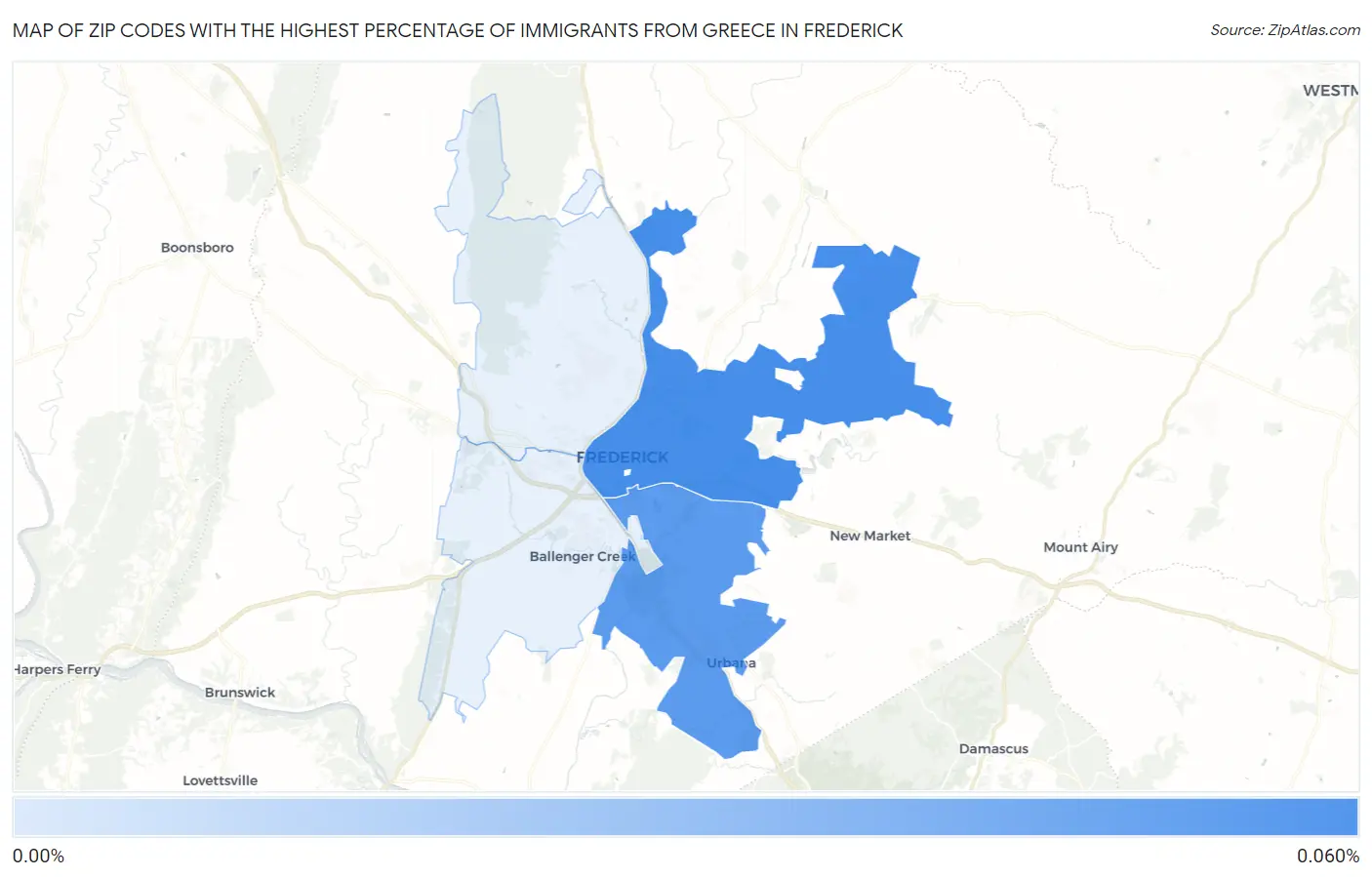 Zip Codes with the Highest Percentage of Immigrants from Greece in Frederick Map