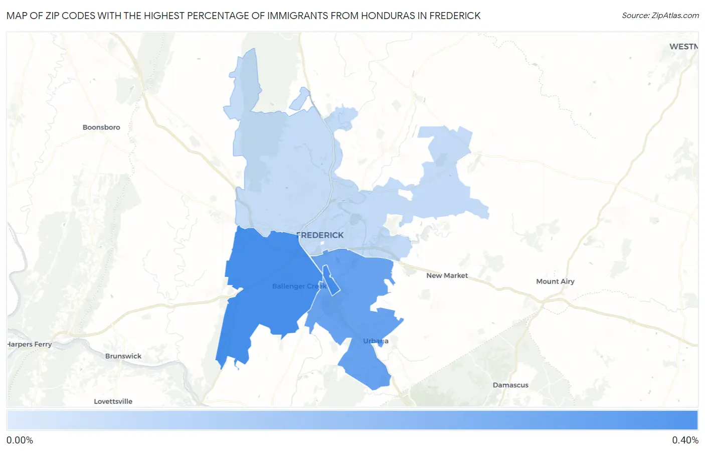 Zip Codes with the Highest Percentage of Immigrants from Honduras in Frederick Map