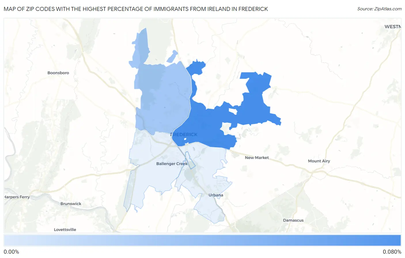 Zip Codes with the Highest Percentage of Immigrants from Ireland in Frederick Map