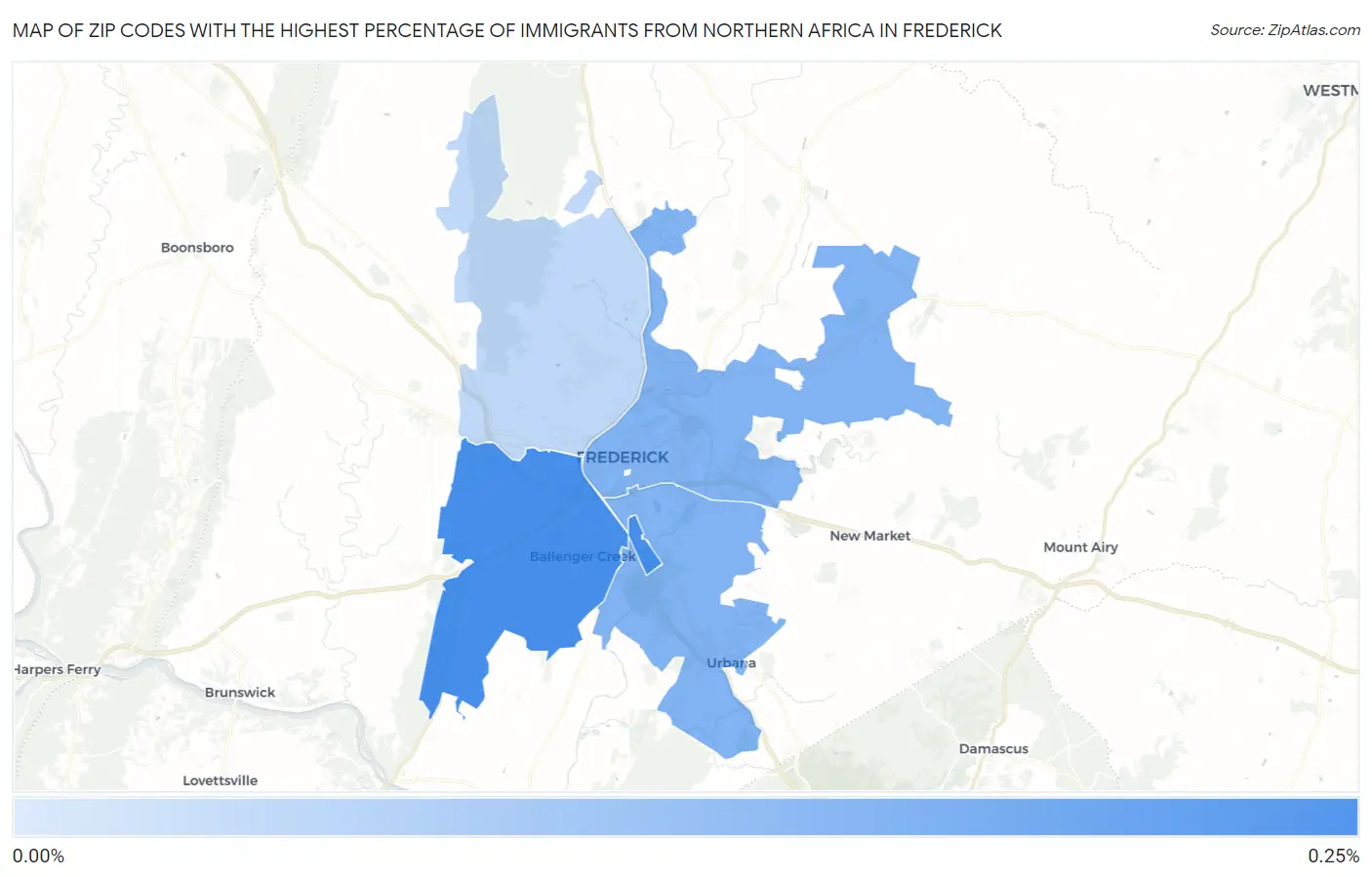 Zip Codes with the Highest Percentage of Immigrants from Northern Africa in Frederick Map
