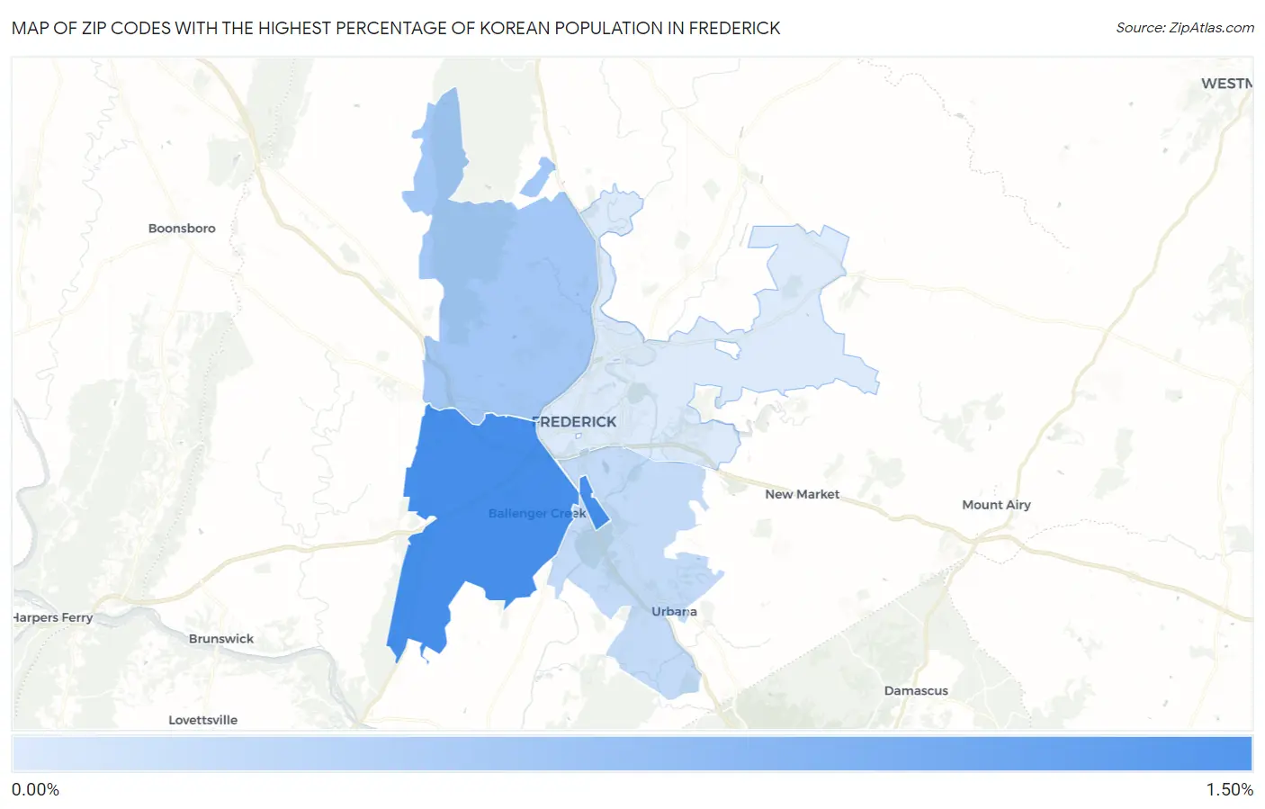 Zip Codes with the Highest Percentage of Korean Population in Frederick Map