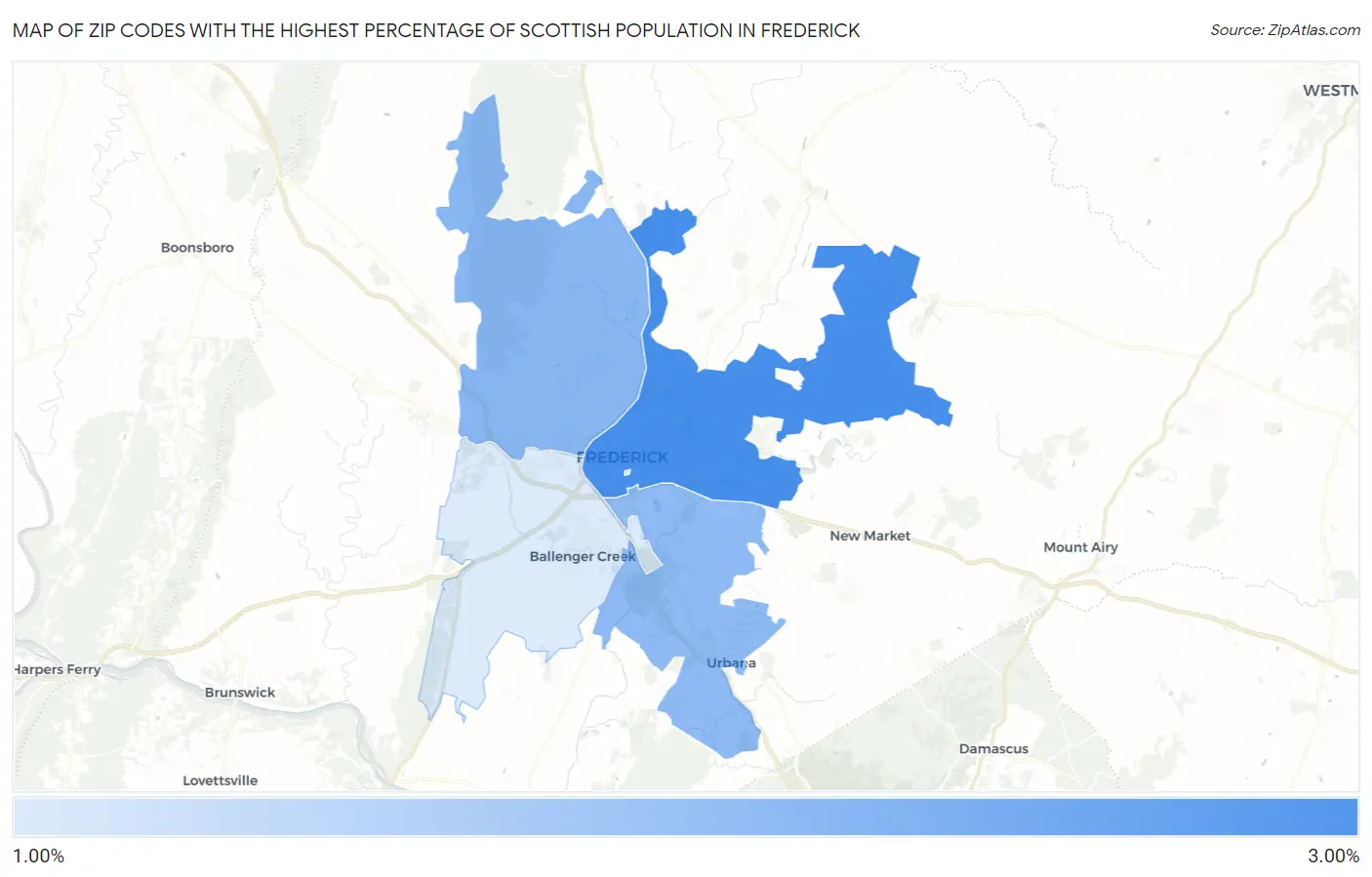 Zip Codes with the Highest Percentage of Scottish Population in Frederick Map