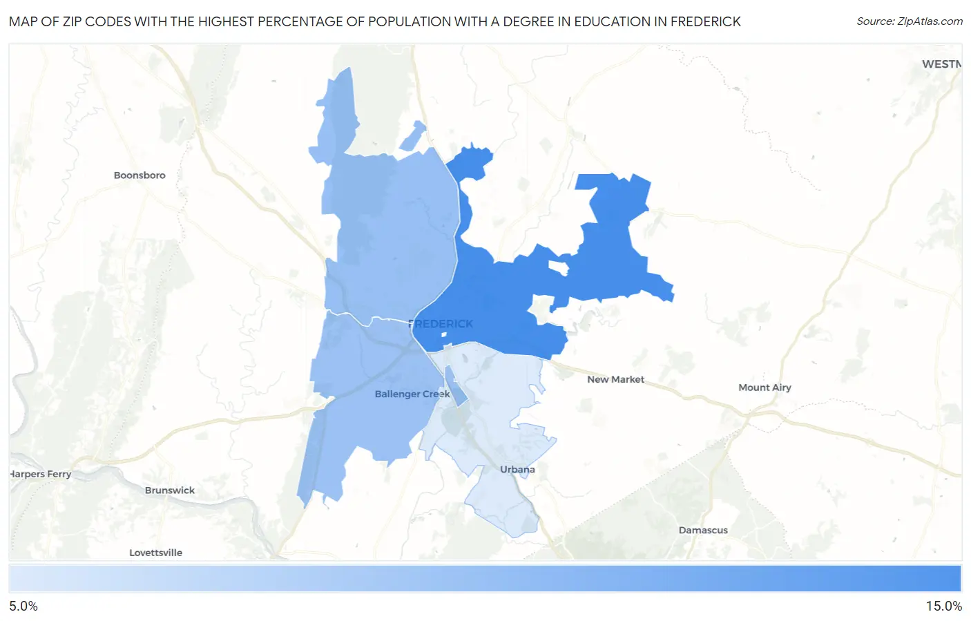 Zip Codes with the Highest Percentage of Population with a Degree in Education in Frederick Map
