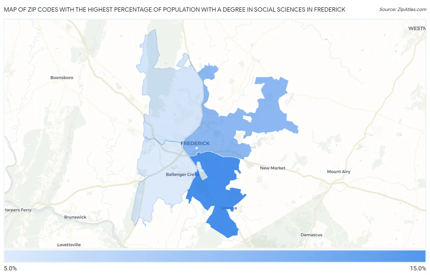 Zip Codes with the Highest Percentage of Population with a Degree in Social Sciences in Frederick Map