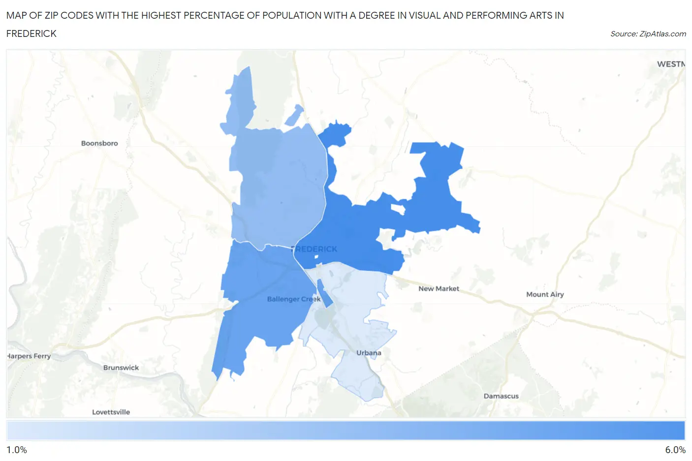 Zip Codes with the Highest Percentage of Population with a Degree in Visual and Performing Arts in Frederick Map