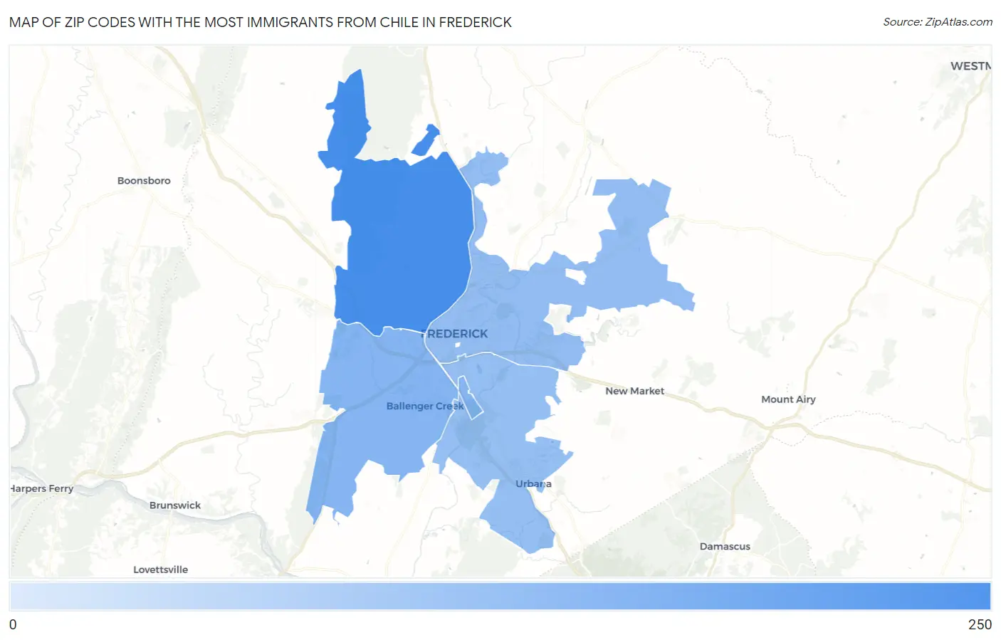 Zip Codes with the Most Immigrants from Chile in Frederick Map