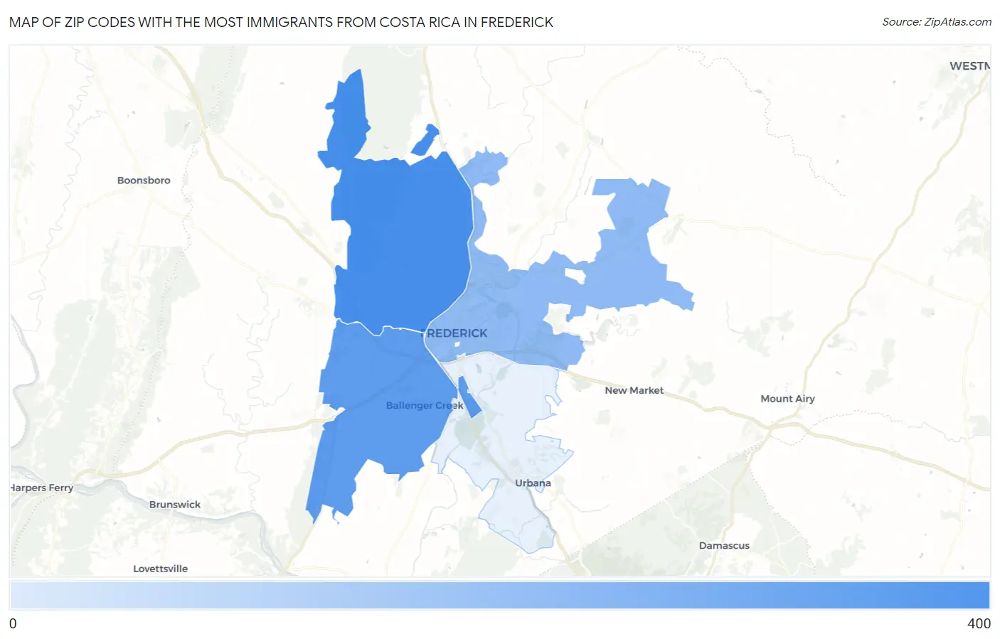 Zip Codes with the Most Immigrants from Costa Rica in Frederick Map
