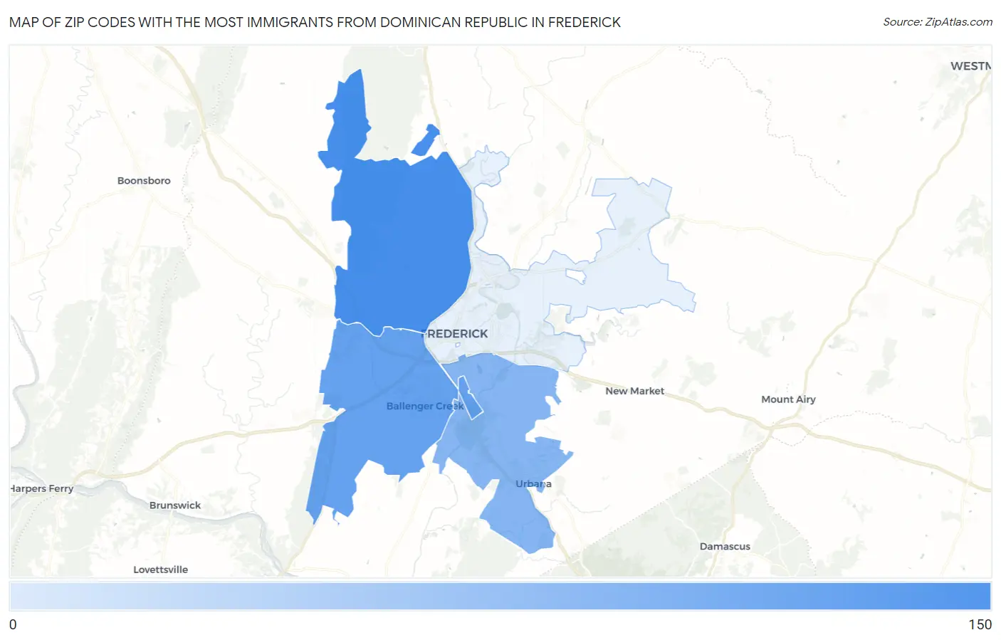 Zip Codes with the Most Immigrants from Dominican Republic in Frederick Map