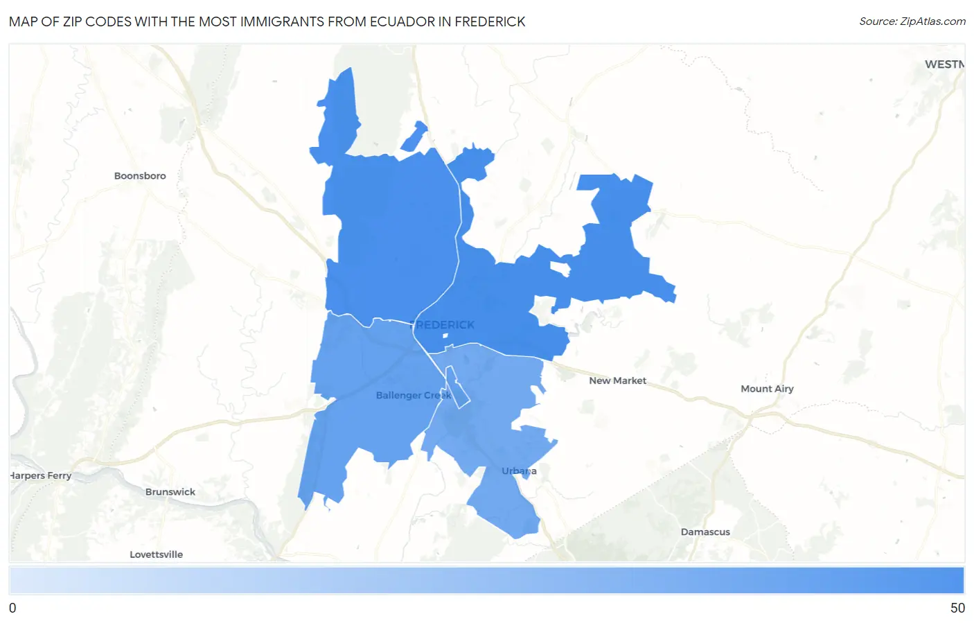 Zip Codes with the Most Immigrants from Ecuador in Frederick Map
